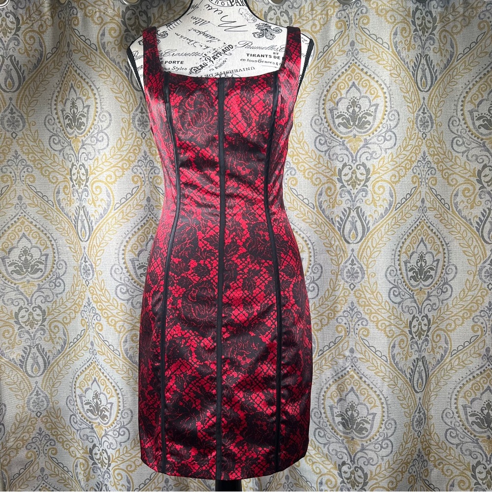 Red and Black Lace-Overlay Sheath Dress